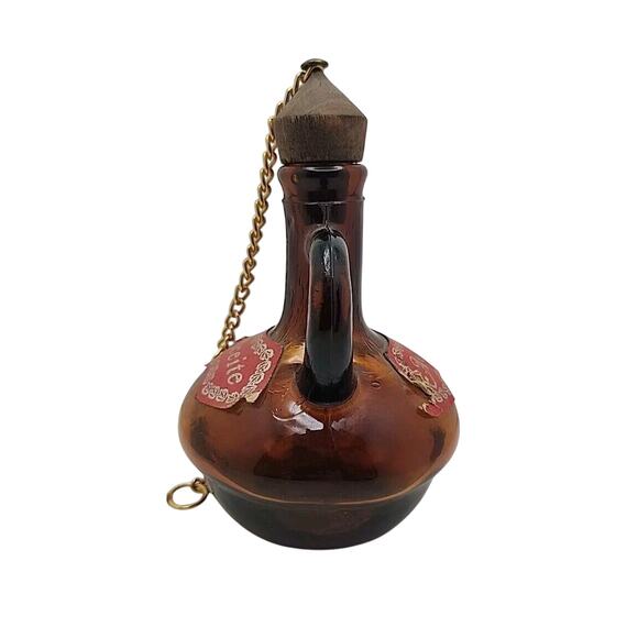 Vintage Aceite Miniature Amber Glass Pitcher Cork Stopper Gold Tone Chain Retro - Picture 2 of 10